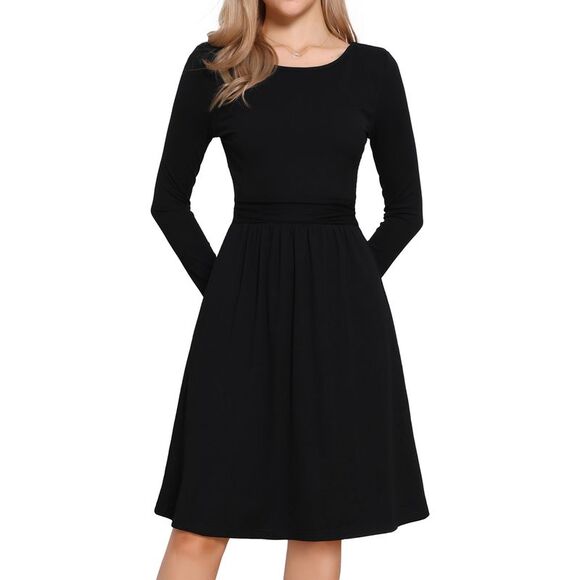 Ribbed Knitted Long Sleeve Crew Neck High Waist Casual Dress Black - Picture 1 of 7